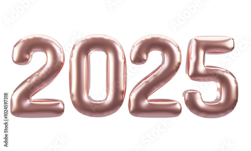 Happy New Year 2025 metallic rose gold foil balloons. 3D render Rose gold Helium balloons 2025.