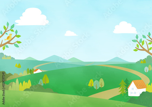 background illustration grass field and houses