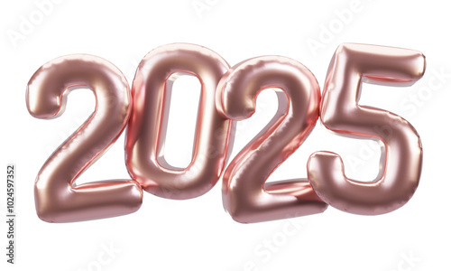Happy New Year 2025 metallic rose gold foil balloons. 3D render Rose gold Helium balloons 2025.