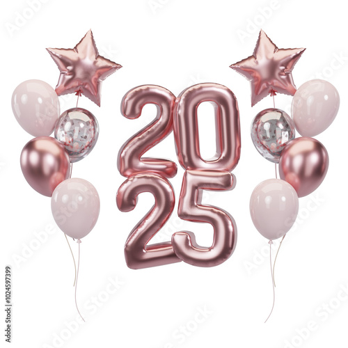 Happy New Year 2025 metallic rose gold foil balloons. 3D render Rose gold Helium balloons 2025.