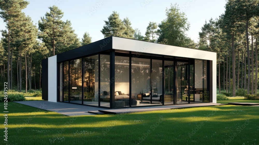 A modern cube-shaped house with large glass walls, featuring a contrast between black A modern cube-shaped house with large glass walls, featuring a contrast between black
