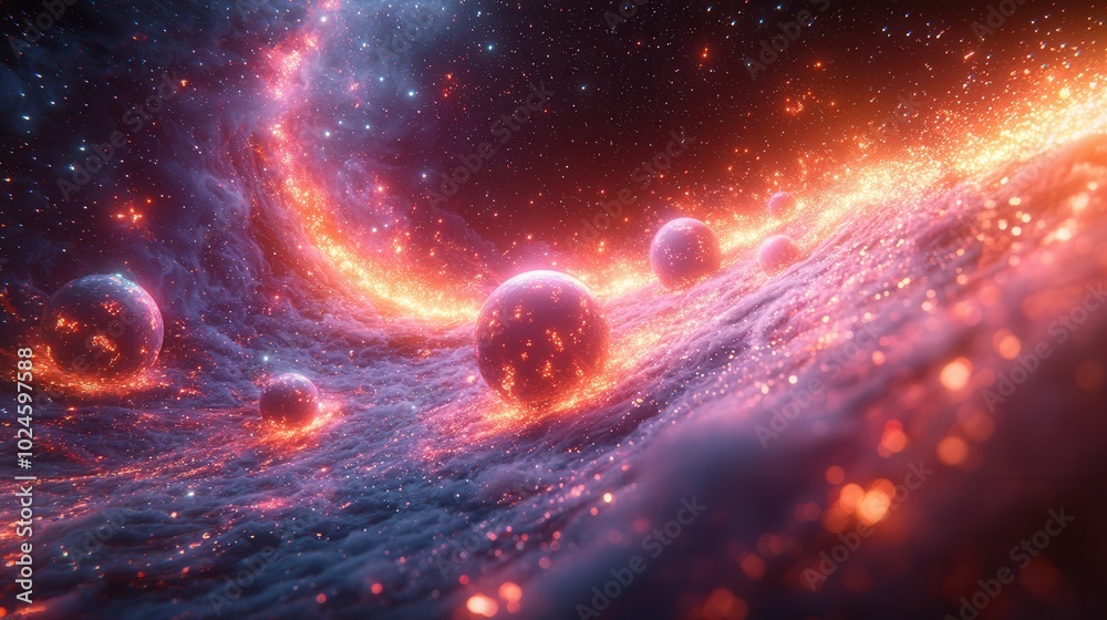 A stunning cosmic scene with glowing spheres and swirling clouds in a vibrant galaxy backdrop. An abstract representation of the universe's beauty. A stunning cosmic scene with glowing spheres and swirling clouds in a vibrant galaxy backdrop. An abstract representation of the universe's beauty.