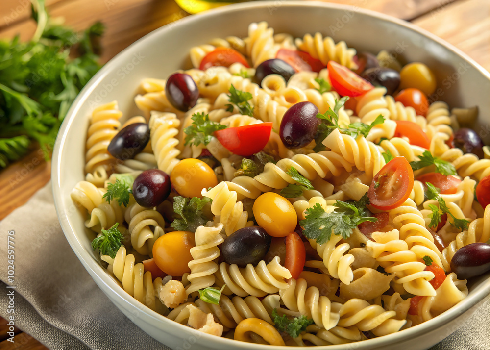 Overhead view of a vibrant pasta salad in a white bowl, with colorful bell peppers, olives, and fresh herbs scattered Overhead view of a vibrant pasta salad in a white bowl, with colorful bell peppers, olives, and fresh herbs scattered