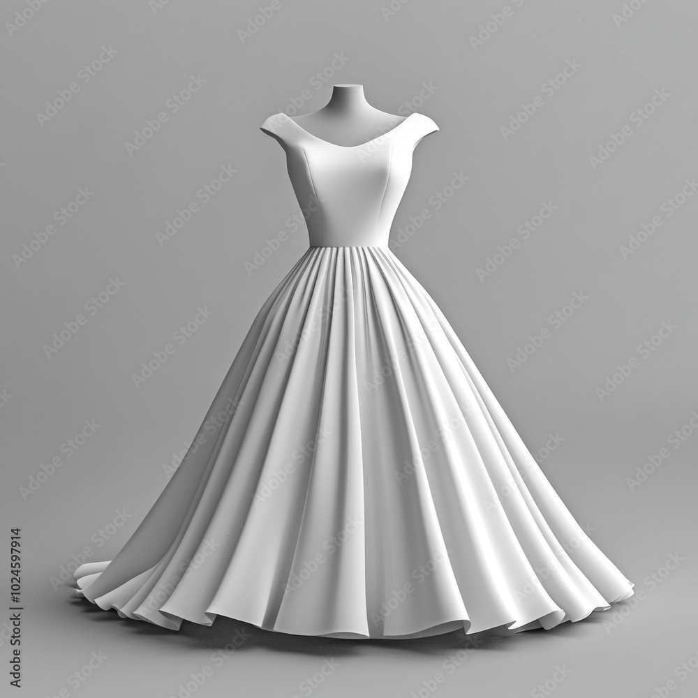 White wedding dress on a mannequin in a bridal boutique showroom.