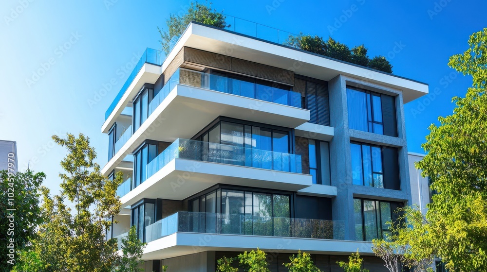 A modern, multi-story apartment building with a sleek, minimalist design. The building has large A modern, multi-story apartment building with a sleek, minimalist design. The building has large