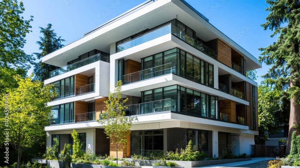 A modern, multi-story apartment building with a sleek, minimalist design. The building has large A modern, multi-story apartment building with a sleek, minimalist design. The building has large
