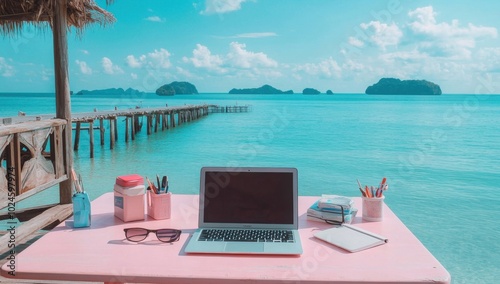 A pink desk with an open laptop on it, set against the backdrop of clear blue water and a wooden pier.