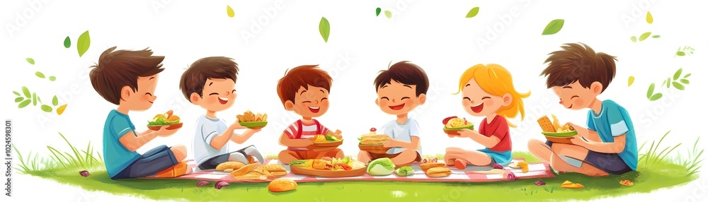 Children enjoying a cheerful picnic, sharing food and laughter in a vibrant outdoor setting filled with joy and friendship. Children enjoying a cheerful picnic, sharing food and laughter in a vibrant outdoor setting filled with joy and friendship.