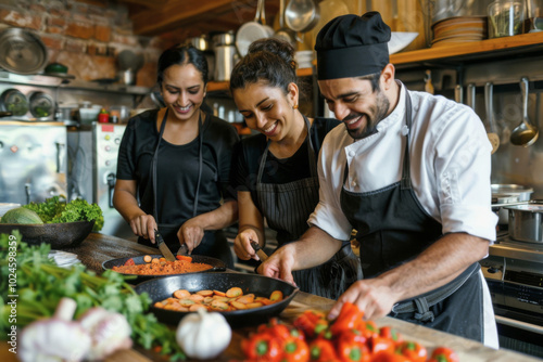 Young people with smiling faces cooking together in a modern kitchen