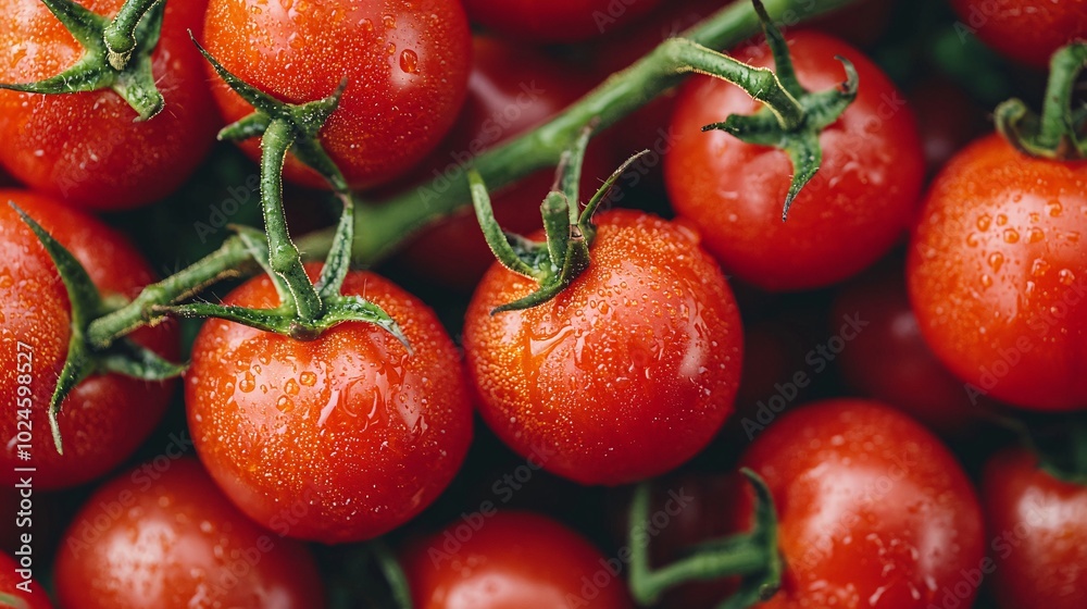 Juicy Cherry Tomatoes: A close-up shot of vibrant, glistening cherry tomatoes on the vine, capturing the essence of fresh, ripe produce with a macro perspective.  