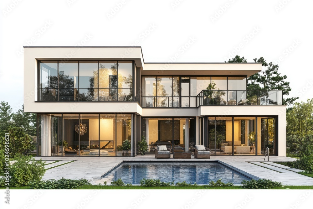 A modern two-story luxury house with large glass windows, a spacious patio, and a pool in the front A modern two-story luxury house with large glass windows, a spacious patio, and a pool in the front