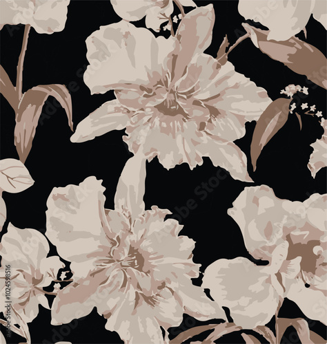 Big flowers pattern, upscale floral pattern. graphical textures floral, trendy colors pattern , flowers background with leaves. vector illustration,tropical,monochrome, abstract print