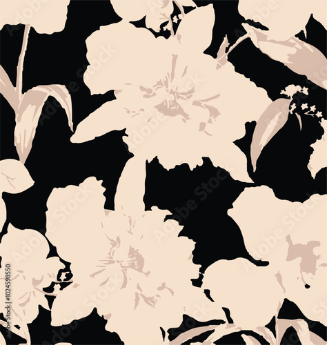 Big flowers pattern, upscale floral pattern. graphical textures floral, trendy colors pattern , flowers background with leaves. vector illustration,tropical,monochrome, abstract print