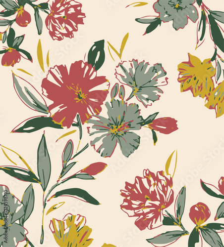 Big flowers pattern, upscale floral pattern. graphical textures floral, trendy colors pattern , flowers background with leaves. vector illustration,tropical,monochrome, abstract print