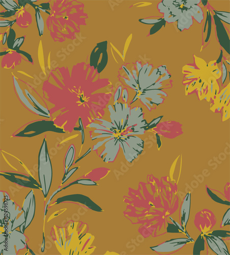 Big flowers pattern, upscale floral pattern. graphical textures floral, trendy colors pattern , flowers background with leaves. vector illustration,tropical,monochrome, abstract print