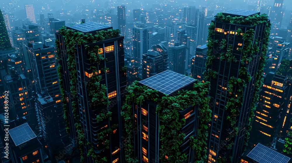 Green Cityscape at Dusk: A futuristic vision of urban renewal, where skyscrapers are enveloped in lush vegetation, creating an eco-friendly metropolis under a twilight sky. 