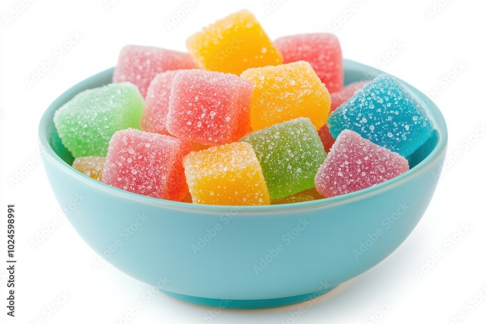A pastel blue bowl filled with sugar-coated jelly candies in a variety of bright colors A pastel blue bowl filled with sugar-coated jelly candies in a variety of bright colors