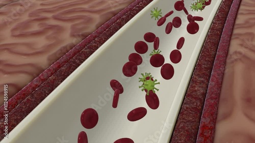 Red blood cells and virus green cells flow in an artery surrounded by organ tissue