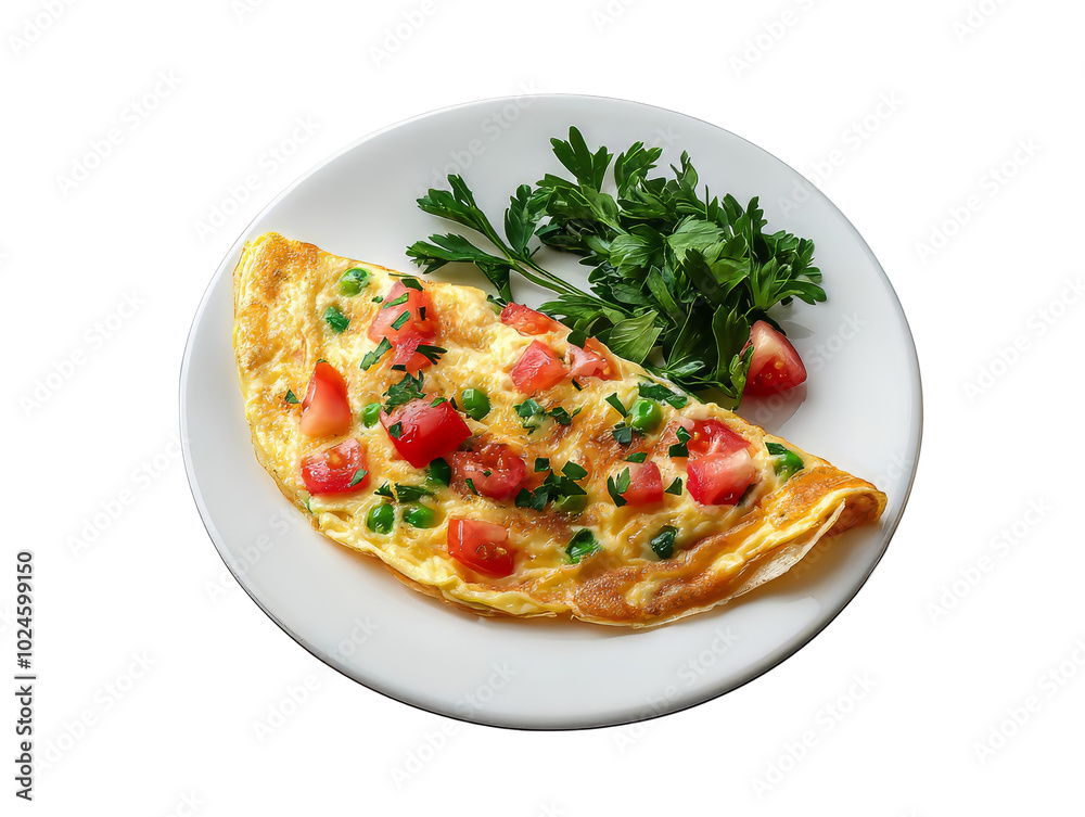 High-Quality Vegetable Omelette with Fresh Herb Garnish on White Plate, Transparent Background High-Quality Vegetable Omelette with Fresh Herb Garnish on White Plate, Transparent Background