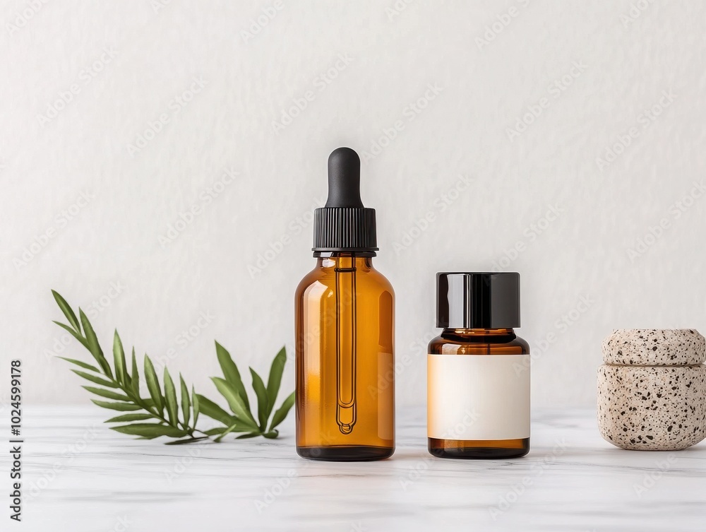 Aesthetic view of amber glass bottles with herbal essence and a green leaf, perfect for spa or wellness product marketing. Aesthetic view of amber glass bottles with herbal essence and a green leaf, perfect for spa or wellness product marketing.
