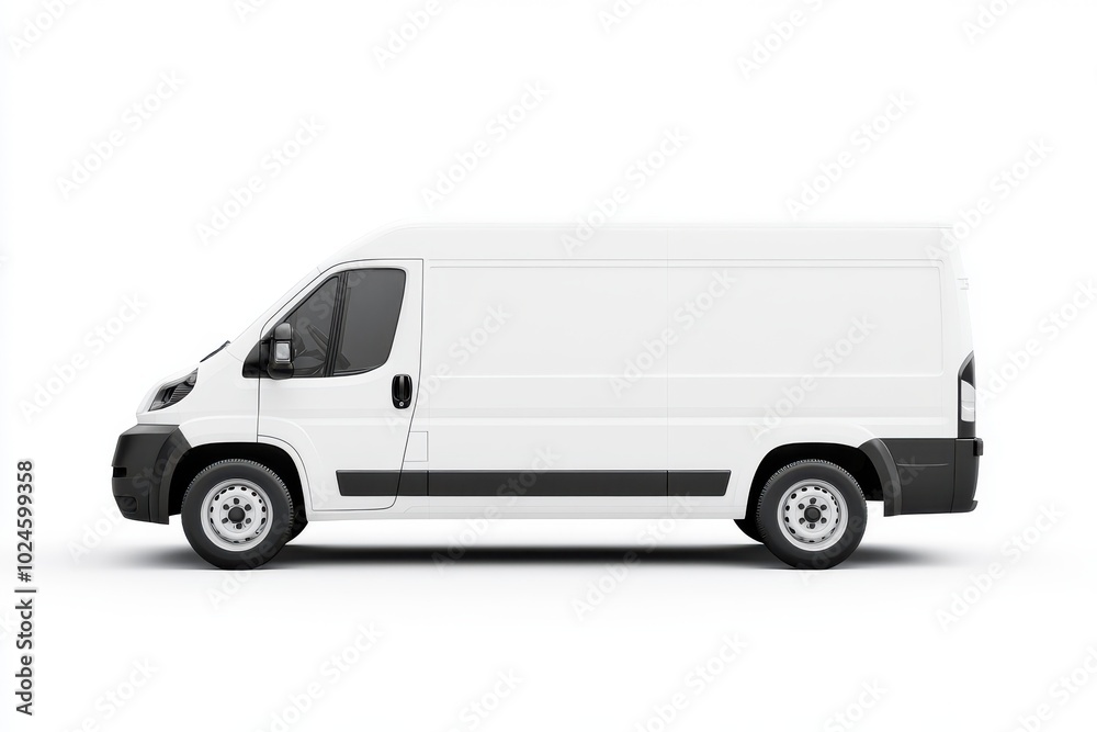 A plain white delivery van with a clean, smooth surface. The van is parked in profile, showcasing A plain white delivery van with a clean, smooth surface. The van is parked in profile, showcasing