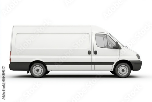 A plain white delivery van with a clean, smooth surface. The van is parked in profile, showcasing