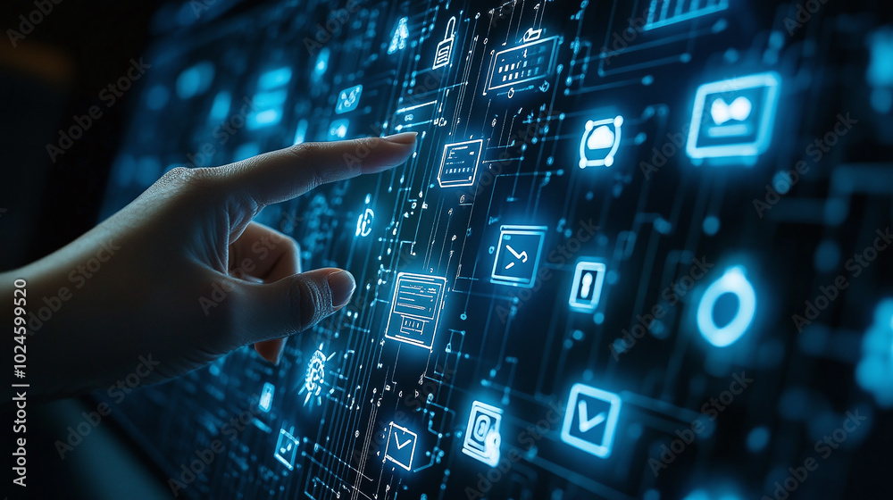 A hand interacts with a digital screen displaying technology icons on a dark blue background A hand interacts with a digital screen displaying technology icons on a dark blue background