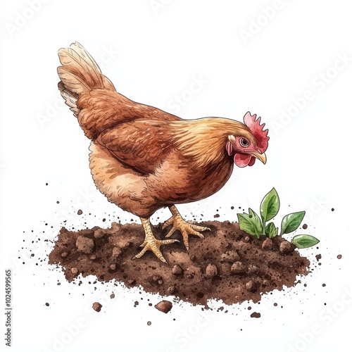 Detailed illustration of a chicken standing on soil with green plants, white isolate background. photo