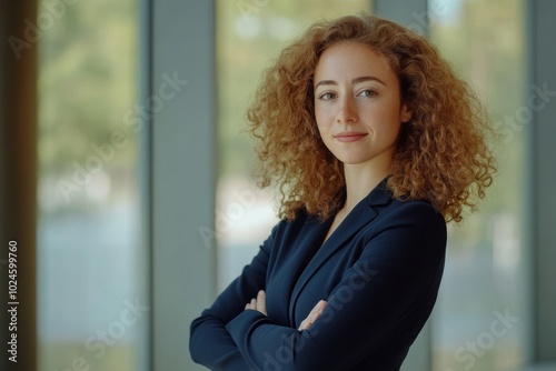 A professional woman with curly hair, wearing a navy blazer, standing with her arms crossed