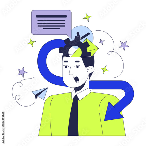 Business ideas generation 2D illustration concept. Brainstorming office worker man shirt tie cartoon character isolated on white. Overload overwhelmed employee metaphor abstract flat vector graphic