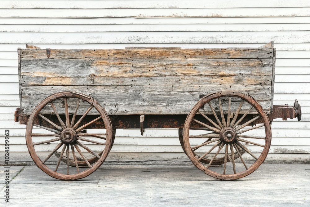 A rustic, weathered wooden wagon with sturdy iron-rimmed wheels, suggesting a historical A rustic, weathered wooden wagon with sturdy iron-rimmed wheels, suggesting a historical