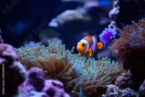 Colorful clownfish swimming in and out of anemones on a lively coral reef.