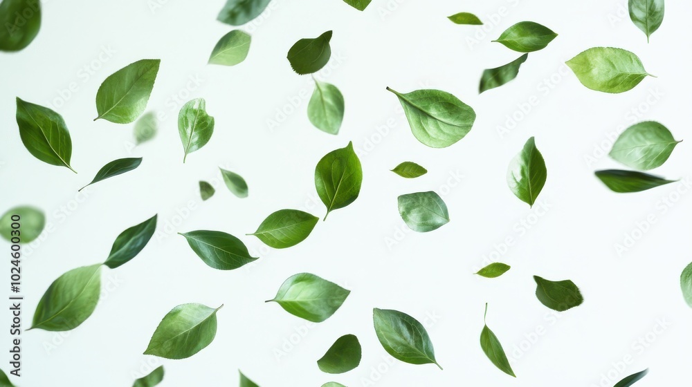 A scattering of small, fresh green leaves floating against a white background. The leaves are light A scattering of small, fresh green leaves floating against a white background. The leaves are light