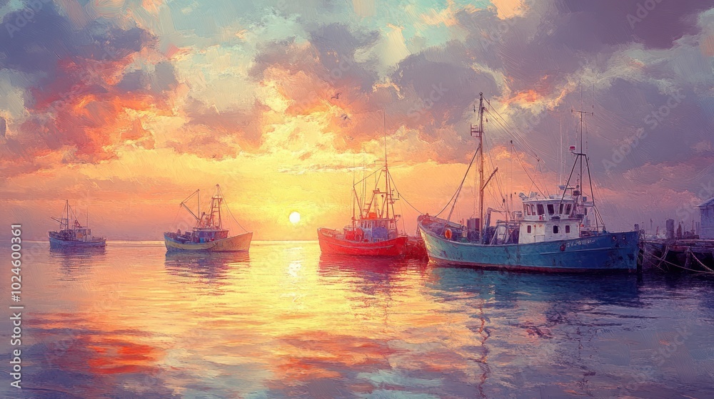 Fishing Boats at Sunset