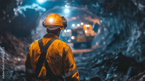 A coal miner works underground, equipped with headlights and heavy machinery. photo