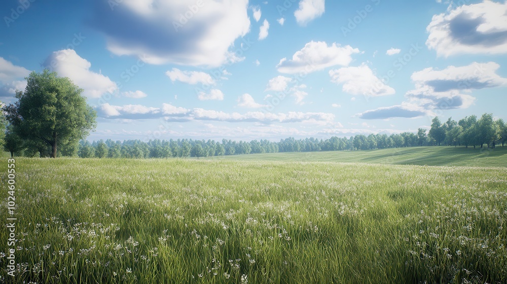 A serene, expansive meadow with tall grass and scattered trees under a blue sky filled with light A serene, expansive meadow with tall grass and scattered trees under a blue sky filled with light