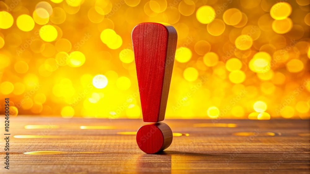 Red Exclamation Mark Concept on Wooden Surface with Yellow Background - Attention-Grabbing Design for Creative Projects Red Exclamation Mark Concept on Wooden Surface with Yellow Background - Attention-Grabbing Design for Creative Projects