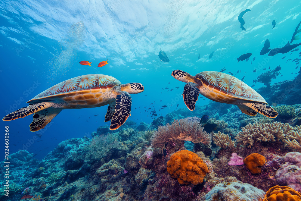 Fototapeta premium Large sea turtles gliding over a coral reef filled with vibrant marine life.