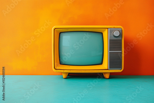 A yellow television is sitting on a blue table. The television is turned off. The room is bright and colorful, with an orange wall photo