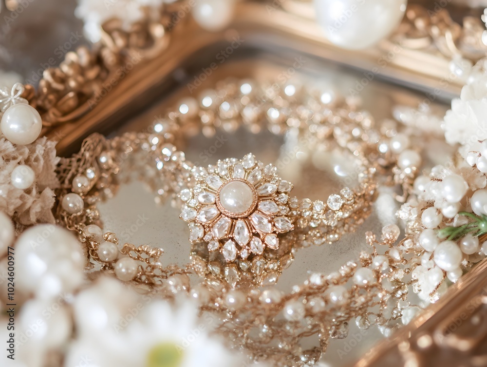 Elegant jewelry arrangement featuring pearls and sparkling details on a vintage tray, perfect for luxury and glamour themes.