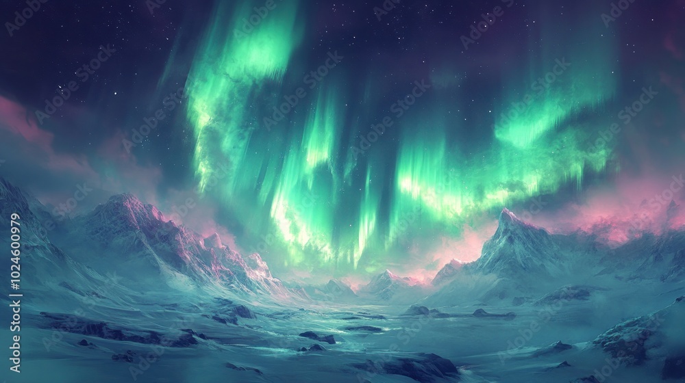 Aurora Borealis over Snowy Mountains Aurora Borealis over Snowy Mountains