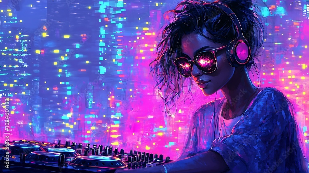 DJ Woman with Headphones and City Lights Background DJ Woman with Headphones and City Lights Background