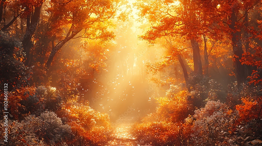 Golden Autumn Forest Path with Sunbeams and Fog Golden Autumn Forest Path with Sunbeams and Fog