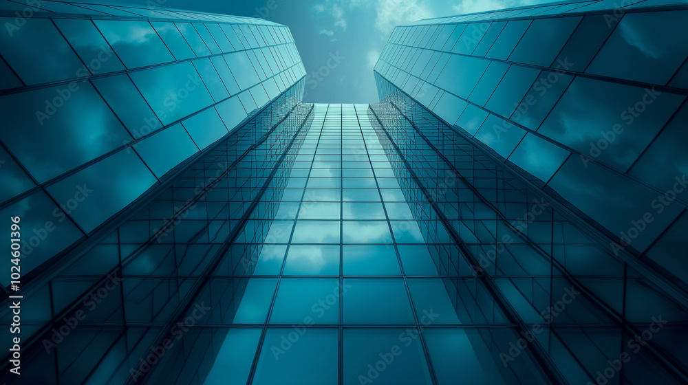 Modern glass skyscraper with reflective windows reaching towards the sky Modern glass skyscraper with reflective windows reaching towards the sky