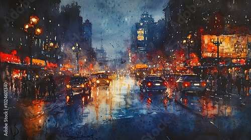 Watercolor Painting of City Street at Night with Rain and Lights