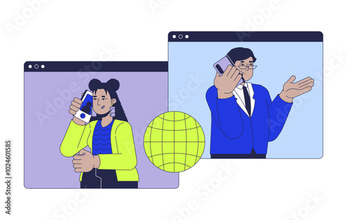 Digital employees communication global 2D illustration concept. Consultation international call making cartoon characters isolated on white. Customer service metaphor abstract flat vector graphic