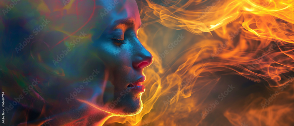 Woman's profile surrounded by vibrant, swirling smoke Woman's profile surrounded by vibrant, swirling smoke