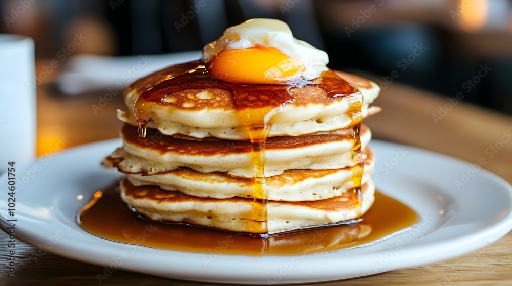 A stack of fluffy pancakes topped with a fried egg, served with syrup and butter A stack of fluffy pancakes topped with a fried egg, served with syrup and butter