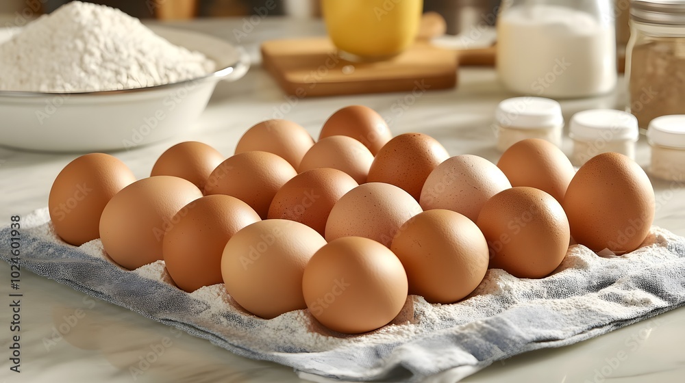 A kitchen counter with a dozen eggs laid out, surrounded by baking ingredients like flour and sugar A kitchen counter with a dozen eggs laid out, surrounded by baking ingredients like flour and sugar