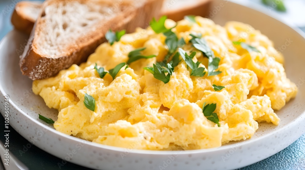 A plate of scrambled eggs, garnished with fresh herbs and served with toast A plate of scrambled eggs, garnished with fresh herbs and served with toast